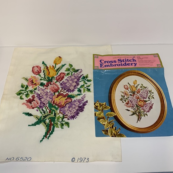 1973 Cross Stitch Embroidery #6520 Tulips and Lilacs Material 13.75” X 15 1/2”T - Picture 9 of 10